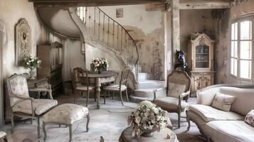 atmosférico e romântico abandonado vintage chalé interior com ornamentado mobília e floral decoração foto