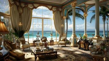 opulento vivo quarto com oceano Visão uma grande beira-mar salão digitalmente ilustrado foto