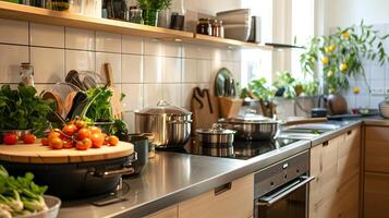 de inspiração escandinava moderno cozinha apresentando inoxidável aço eletrodomésticos e bordo madeira acentos foto