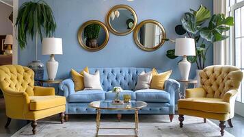 pervinca sofá e amarelo poltrona uma cativante vivo quarto vinheta do tradicional decoração e antiquado espelhos foto