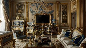 ornamentado ouro e azul padrões adornar uma luxuoso parisiense vivo quarto dentro opulência e grandeza foto