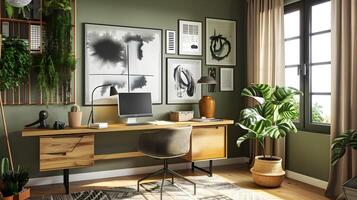 sábio verde casa escritório com recuperado madeira escrivaninha e industrial chique decoração uma sereno e produtivo área de trabalho foto