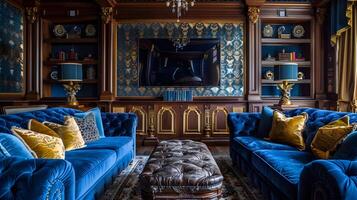 ornamentado estilo barroco vivo quarto com real azul sofá e intrincado papel de parede dentro opulento mansão foto
