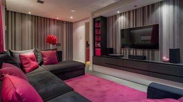 impressionante moderno casa cinema quarto com à moda decoração e alta tecnologia entretenimento parede foto