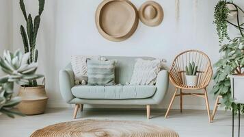 moderno boho vivo quarto pastel verde sofá e rattan cadeira adornado com em vaso plantas e Palha chapéus foto