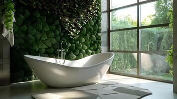 moderno banheiro oásis independente elipse banheira adornado com musgoso vivo parede e sereno jardim Visão foto