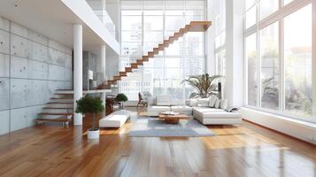 minimalista vivo quarto Projeto com flutuando Escadaria dentro arranha-céus construção foto