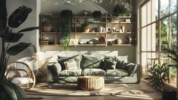 minimalista vivo quarto oásis Oliva verde sofá se aquece dentro luz solar e exuberante plantas foto