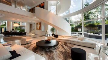 luxuoso moderno mansão vivo quarto com espiral Escadaria e sereno jardim Visão foto