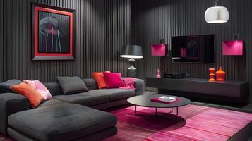 moderno vivo quarto com listrado Preto parede e fúcsia Rosa acentos em carvão sofá e entretenimento parede foto