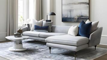 moderno vivo quarto com cinzento sofá e mármore mesa dentro aberto conceito espaço foto