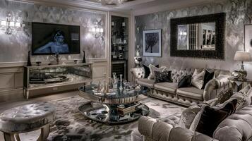 metálico damasco luxo vivo quarto com art Deco entretenimento parede e cristal acentos foto