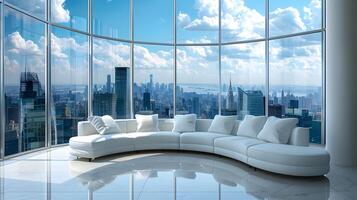 moderno luxo vivo quarto com cidade Horizonte Visão através panorâmico do chão ao teto janelas foto