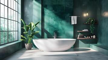 moderno banheiro oásis sereno santuário com independente esmeralda banheira e exuberante interior plantas foto