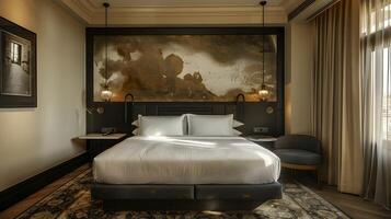 luxo urbano hotel quarto com texturizado paredes e abstrato arte adornando uma refinado espaço foto