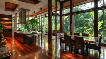 luxo vivo no meio sereno tropical floresta tropical uma moderno cozinha e jantar área dentro uma villa foto