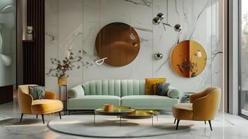 minimalista vivo quarto com legal hortelã verde sofá e caloroso mostarda amarelo poltrona foto