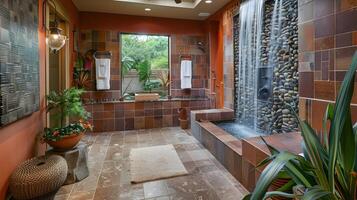 elegante suburbano casa banheiro indulgente dentro inspirado no zen luxo com interior cascata e terracota azulejos foto