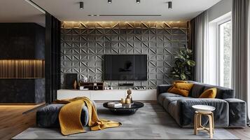 harmonioso moderno vivo quarto dentro cinzento e amarelo com geométrico estampado parede painéis e lustroso mobília foto