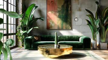industrial vivo quarto com veludo sofá e dourado café mesa aquecendo dentro natural luz foto