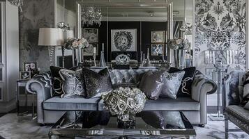 elegante vivo quarto com prata e Preto estampado papel de parede e suntuoso cinzento veludo sofá foto
