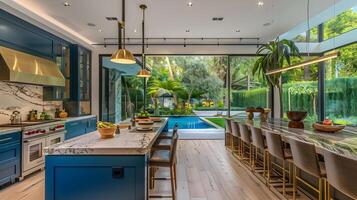 elegante sofisticado cozinha com azul pavão ilha e exuberante vegetação dentro beverly colinas casa aquecendo dentro dourado hora luz foto