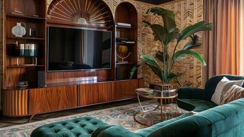 elegante arte deco vivo quarto com esmeralda verde veludo sofá e mogno entretenimento parede foto