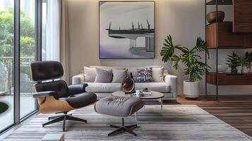elegante vivo quarto oásis moderno espaço com lilás acentos e inspirado em eames poltrona foto