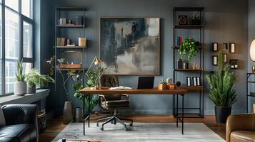industrial casa escritório com moderno escrivaninha e monocromático arte contrastado com texturizado suculentos foto