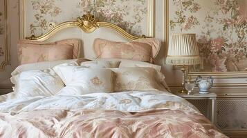 francês estilo cama dentro luxuoso parisiense quarto exalando romance e elegância foto