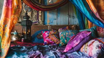 colorida boêmio quarto decoração com sonhe como foco empilhamento estético foto