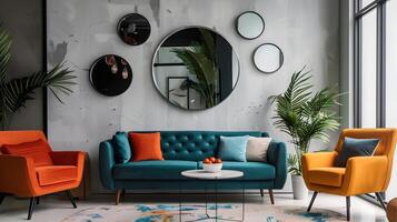 chique cerceta sofá e tangerina poltrona Estrela dentro moderno urbano vivo quarto com circular espelhos e decorativo plantas foto