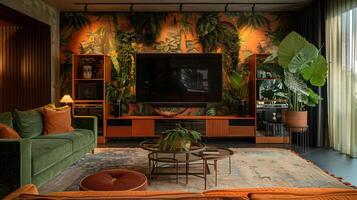inspirado na selva vivo quarto com verde veludo sofá e botânico papel de parede foto