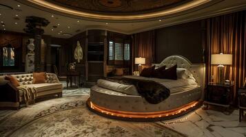 requintado de luxo suíte suntuoso circular cama e luxuoso Projeto elementos dentro uma mestre quarto oásis foto