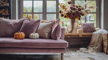 tema de outono vivo quarto com Rosa sofá e abóboras criando uma acolhedor casa atmosfera foto