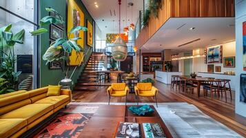 brasileiro estilo moderno casa com vibrante vivo espaço e Duplo altura tetos foto