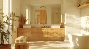 brilhante e arejado banheiro com luz madeira acentos e natural luz foto