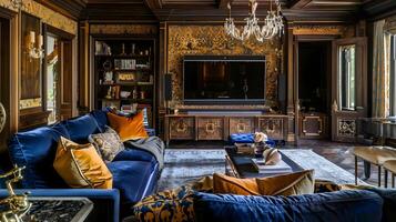uma estilo barroco vivo quarto exalando luxo e elegância com ornamentado papel de parede e rico azul veludo mobília foto