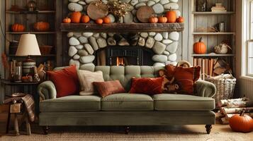 tema de outono vivo quarto com Oliva verde sofá e rústico decoração capturando a acolhedor espírito do a estação foto