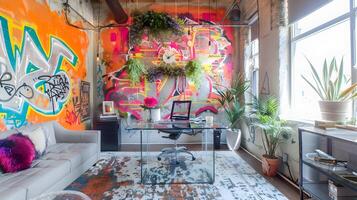 vibrante loft interior criativo espaço com flutuando vidro escrivaninha e caprichoso suspensão flor cestas em uma grafite parede foto