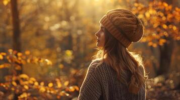 outono serenidade pacífico mulher aquecendo dentro dourado folhagem calor com uma na moda tricotar boina foto