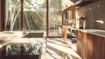 ultramoderno cozinha com noz folheado e ecológico vidro janelas aquecendo dentro luz solar foto