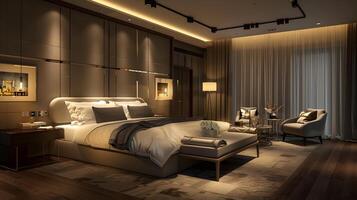 final moderno luxo uma à moda hotel suíte com elegante rastrear iluminação foto