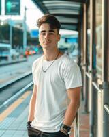 jovem adulto homem modelo dentro em branco branco t camisa para Projeto brincar foto