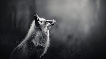 uma Preto e branco fotografia do uma Raposa dentro a selvagem foto