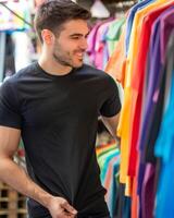 jovem caucasiano adulto dentro em branco Preto t camisa foto