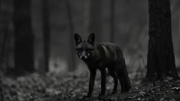 uma Preto e branco fotografia do uma Raposa dentro a selvagem foto