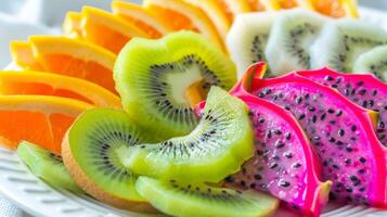 uma vibrante fechar acima do uma colorida fruta prato foto