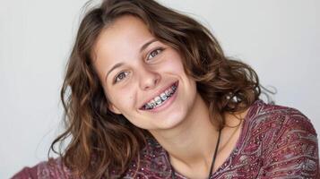 suspensórios em dentes lindo vermelho lábios e branco dentes com metal aparelho ortodôntico. uma garotas sorriso. foto