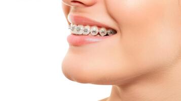 suspensórios em dentes lindo vermelho lábios e branco dentes com metal aparelho ortodôntico. uma garotas sorriso. foto